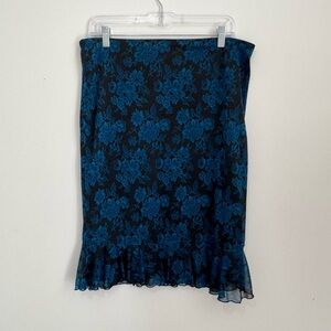 Express Vintage 90 style Blue Lace Overlay Ruffled Pull‎ On Pencil Skirt size M